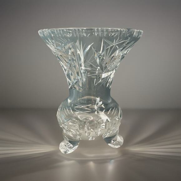 Vintage Bohemian Heavy Hand Cut 3 Footed Crystal Vase 5.75”H Clear Gift Feet - Picture 5 of 16